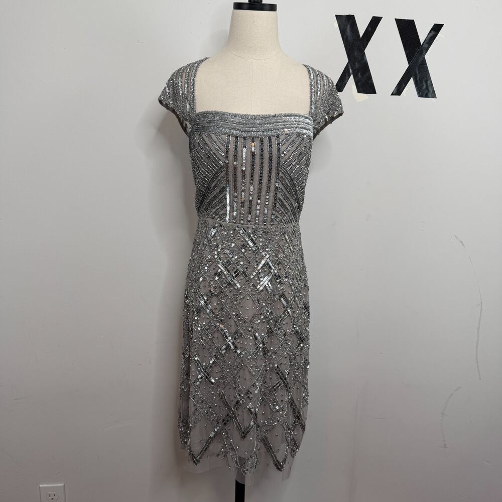 Adrianna Papell Silver Beaded Sequin Cap Sleeve Open Back Art Deco Dress NWT 10